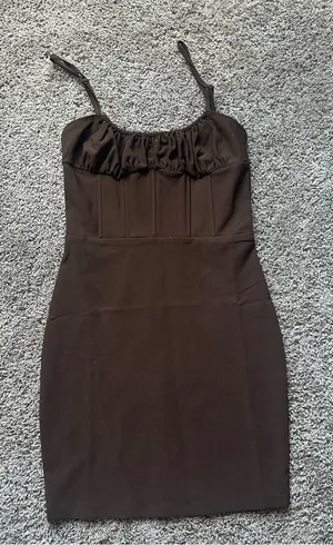 Tic Toc Ruched Bust Brown Mini Dress with Adjustable Straps thumbnail 1