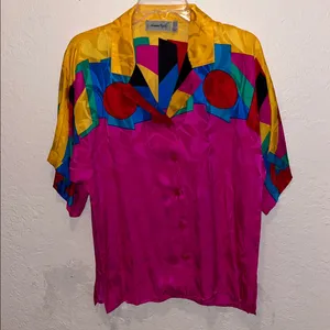 Vintage Adrianna Papell Bright Short Sleeve Silk Blouse Vibrant Blouse Retro thumbnail 2