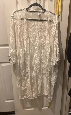 Sheer White Embroidered Kimono Cover-Up - Women's Top thumbnail 1