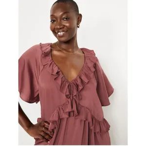 Old Navy Women’s Satin Ruffle Mini Dress Medium Burgundy Romantic Feminine Fairy thumbnail 11