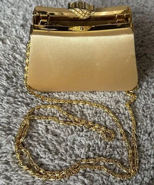 Jessica McClintock GUC gold satin evening bag. Long removable crossbody chain. thumbnail 1