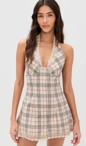 Lioness Beige Plaid Halter Mini Dress thumbnail 1
