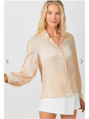 Mystree Ivory Satin Ruffle Neck Blouse Balloon Sleeve Button Down Sz S NWT thumbnail 5