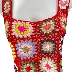 Red Crochet Granny Floral Hollow Out Festival Boho Square Crop Tank Top Size M thumbnail 3