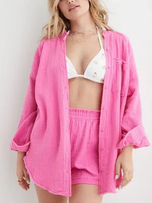 Aerie Pool-to-Party Pink Gauze Oversized Button Down Shirt thumbnail 1