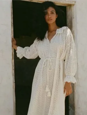 Doen Persephone Cream Eyelet Midi Dress with Tassel Belt in Magnolia NWT sz XXS thumbnail 1