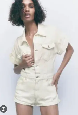 ZARA White Denim Romper Shorts thumbnail 1