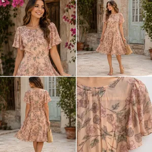 ASTR The Label Peach Floral Flutter Sleeve Metallic Stripe Midi Dress XS Womens thumbnail 2