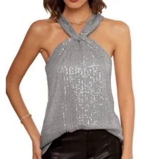 Grace Karin NWT Silver Sequin Glitzy‎ Glam Lined Halter Blouse Size S thumbnail 1