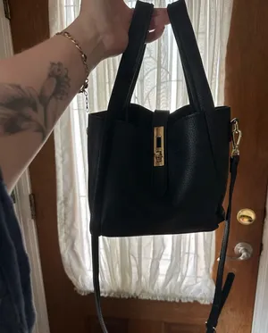 Black Structured Leather Tote Bag with Gold Hardware thumbnail 1