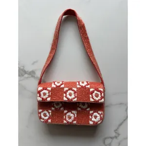 Anthropologie Fiona Beaded Shoulder Bag Red White Checkerboard Floral Flap Purse thumbnail 2