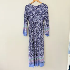 Few Moda Maxi Dress Small Blue Paisley Boho Tiered V-Neck Long Sleeve Drawstring thumbnail 3
