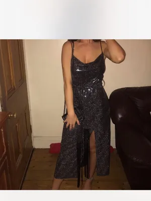 NWT Zara Silver Sequin Midi Dress With Fringed Belt and Side Slit thumbnail 5