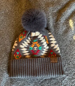 C.C Gray Beanie with Colorful Aztec Knits & Pom thumbnail 1
