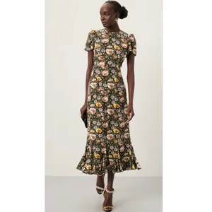 RHODE Black White Yellow Floral Lulani Crew Neck Short Sleeve Cocktail Dress 2 thumbnail 6