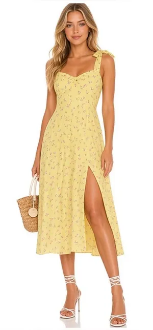 Bardot Yellow Ditsy Floral Midi Dress US 10 Large Bow Strap Cottagecore Sundress thumbnail 1