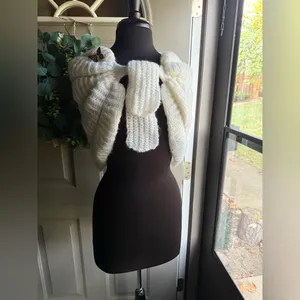 Vintage handmade knit cream sweater tie shoulder shawl, one size thumbnail 2