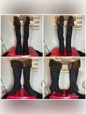Aerosoles Grape Leaves Boots 7.5 Black Faux Suede Leopard Fur Knee High Heeled thumbnail 4