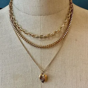 Gold tone triple chain heart locket pendant necklace thumbnail 1