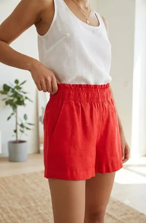 HM Red 100% Linen Paperbag Waist Shorts High Rise Elastic‎ Pockets Summer Small thumbnail 1
