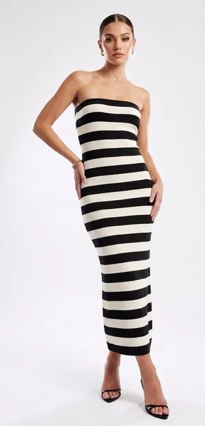 Abercrombie & Fitch Black and White Cream Strapless Striped Midi Dress Knit thumbnail 1