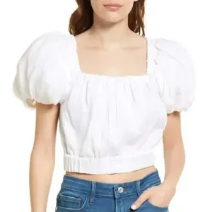 Frame Ruched Crop Puff Sleeve Blouse in Blanc‎ Size Medium NWOT thumbnail 1