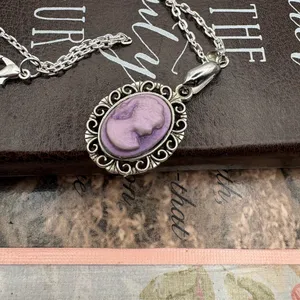Purple Cameo Pendant Necklace Vintage Style Silver Tone Chain thumbnail 3