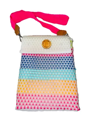Maria Victoria Neon Crossbody Handbag Bag 12x9" Handmade Plastic Pink Blue Teal thumbnail 1