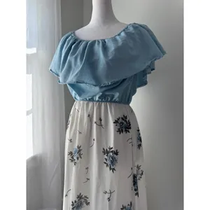 Blue & White Floral Print Ruffle Top Maxi Dress thumbnail 3