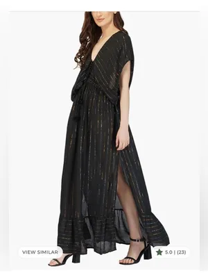 Black Maxi Dress with Gold Metallic Stripe and Side Slit thumbnail 3