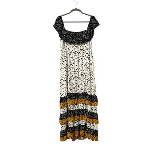 Les Sereine Off Shoulder Smocked Maxi Dress Mixed Print Tiered Slit Large thumbnail 3