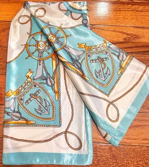 Vintage Square Sailing BOAT,WHEEL&Anchor 35/35 Oversized TEAL satin Silky SCARF thumbnail 10