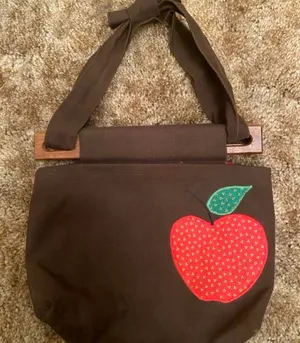 Vintage Canvas Handbag w Wooden Dowel Top Apple Retro Teacher Cottagecore Tote thumbnail 1