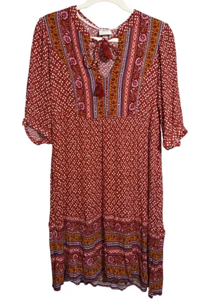 Knox Rose Boho‎ Peasant Dress M Rust Border Print Tassel Tie Rayon Lined Midi thumbnail 1