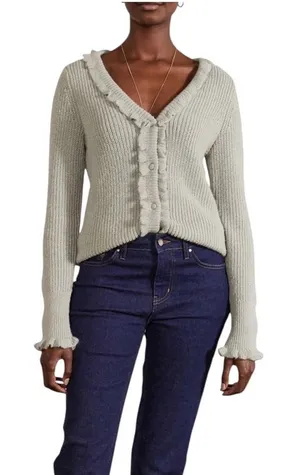 Boden Sweater Women 6 Green Sage Ruffled V Neck Button‎ Cardigan Boho Preppy NWT thumbnail 1