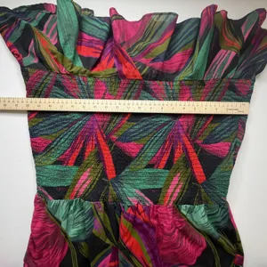 Farm Rio Tropical Palm‎ Leaf Smocked Puff Sleeve Mini Dress XL Vacation Resort thumbnail 15