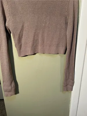 Garage Women’s Sz Large Mock Neck Sweater Cropped Light Brown Waffle Knit Cotton thumbnail 7