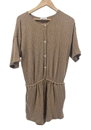 Sabo Romper Womens‎ S Brown Ribbed Knit Button Front Short Sleeve Pockets Casual thumbnail 1