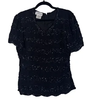 Vintage Stenay Black Silk Beaded Blouse Womens L Short Sleeve Formal Dressy thumbnail 1
