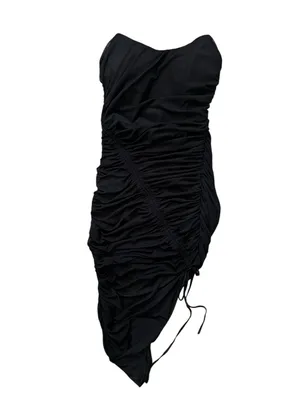 MABLE Simone Black Ruched Mesh Asymmetrical Drawstring Midi Dress Bodycon M thumbnail 2