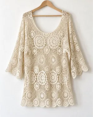 QED London Crochet Sweater Women Small Ivory Sheer Medallion Boho Coverup Hippie thumbnail 1