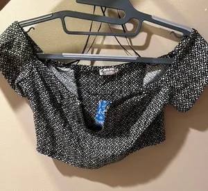 Free People Black & White Geometric Off-Shoulder Crop Top thumbnail 1