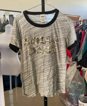 Women's PINK Victoria's Secret Short Sleeve Tee M Gray Black thumbnail 1