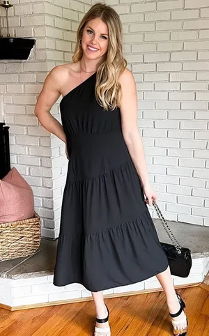 Summer Casual Dress 1 Shoulder Midi Dress Sleeveless Ruffle Hem Flowy Long M thumbnail 1