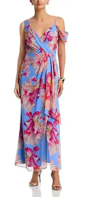 Aqua Floral Satin Burnout Sleeveless V-Neck Maxi Dress Blue Multi Large thumbnail 1