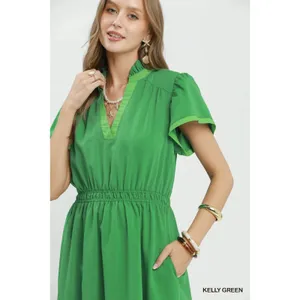 Umgee Contrast Trim‎ Midi Dress with Tiered Ruffle Hem - Kelly Green - Medium thumbnail 5