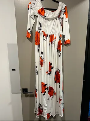 White Maxi Dress with Orange Floral Print and Cowl Neck thumbnail 3