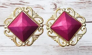Vintage Clip On Earrings - Pink with Ornate Gold Tone Halo thumbnail 1