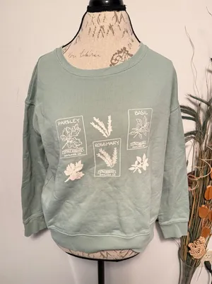 Pact Organic Cotton Herb Seed‎ Packet Graphic Sweatshirt Sage Green Womens L thumbnail 1