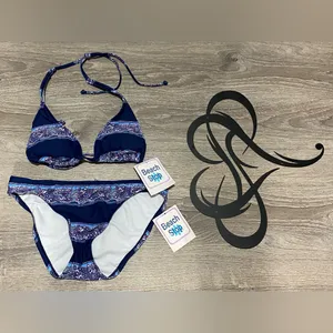 NWT Beach Stop Paisley Triangle Bikini Swim Set Medium Navy Purple thumbnail 3